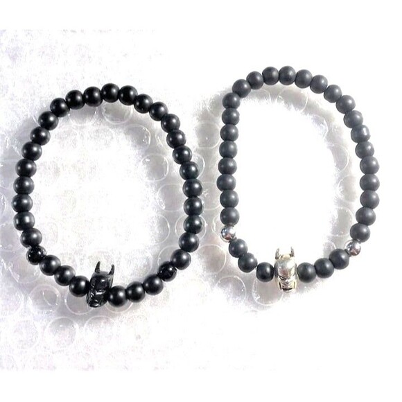 Black Obsidian Beaded Bracelet with Batman Accent - Your Choice - Picture 1 of 4